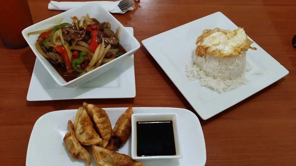 Phad Ped w Pork & Vegetables & Steamed Rice Also Steamed Pork Dumplings